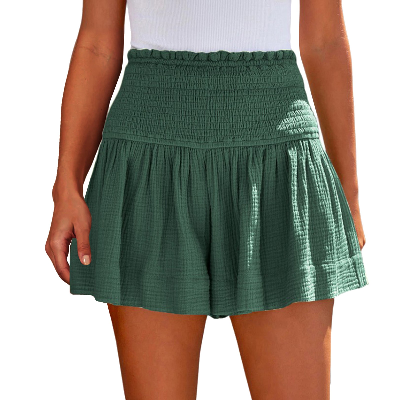 Women's Linen Shorts 2025 Summer Casual Cute Ruffle Shorts Comfy Elastic Waist Drawstring Pleated Short Dark Green M